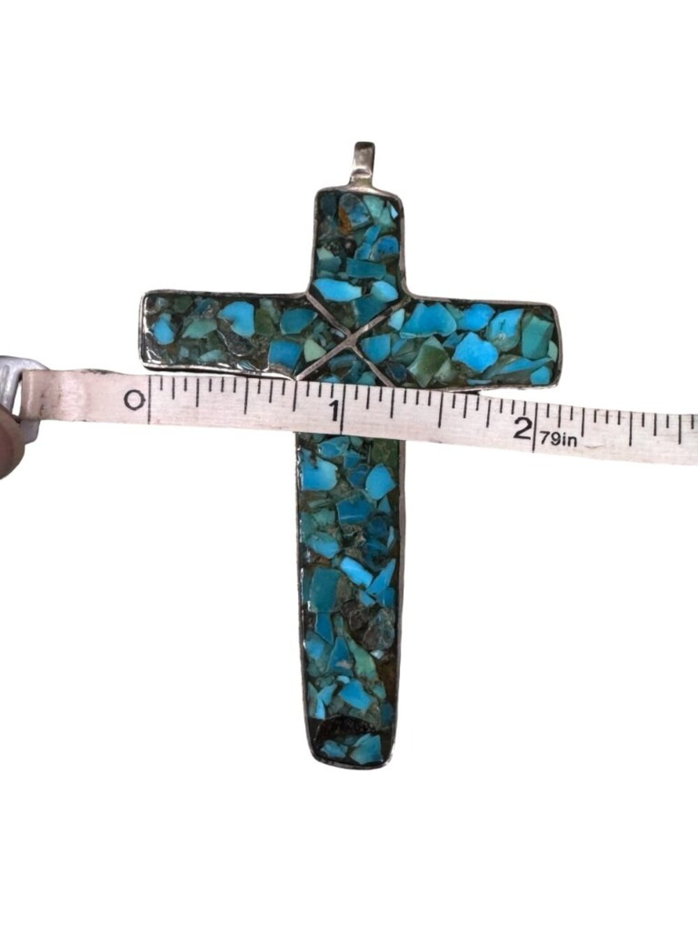 3" Fred Harvey Era Old Pawn Turquoise Chip Inlay Large Cross Pendant Sterling Si - Picture 3 of 9